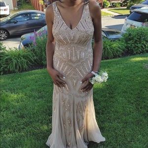 Adrianna Papell Champagne “Beaded Mesh Inset Gown”